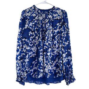 Elie Tahari Women's Sheer Silk Pleated Button Front Floral Blue Size Small